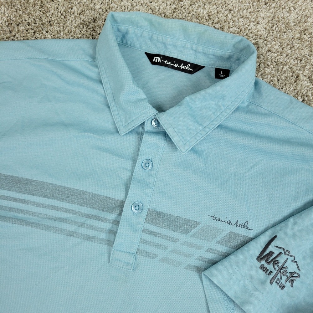 Travis Mathew Mens Large Blue Chest Stripe Performance Stretch Golf Polo SS